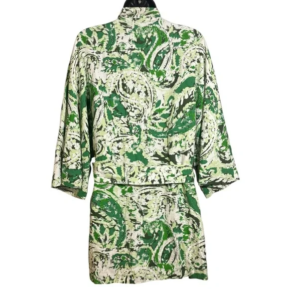 Zara Linen Blend Kimono Tie Front Mid Length Green Paisley Print Size Med/Large - Picture 10 of 16